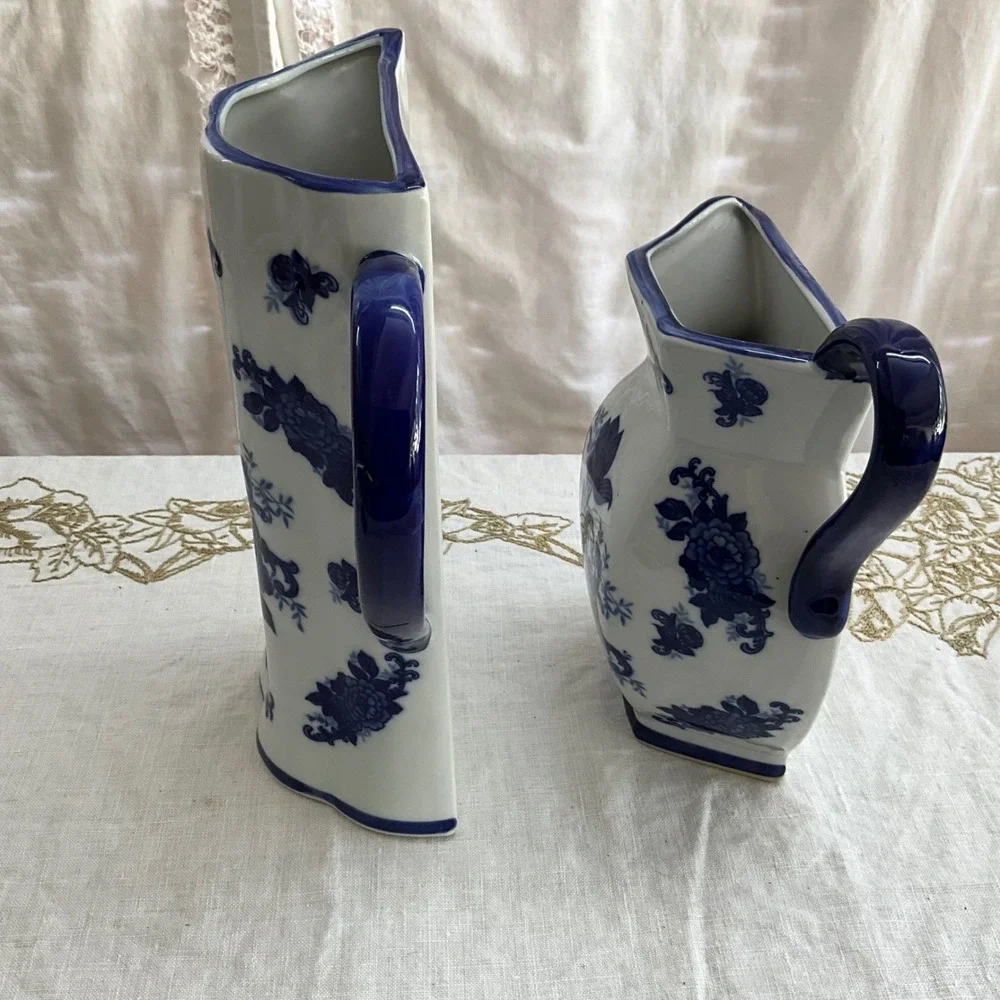 Blue White Floral Chinoiserie Wall Pocket Pitcher Ceramic Vases Cottagecore 2pc